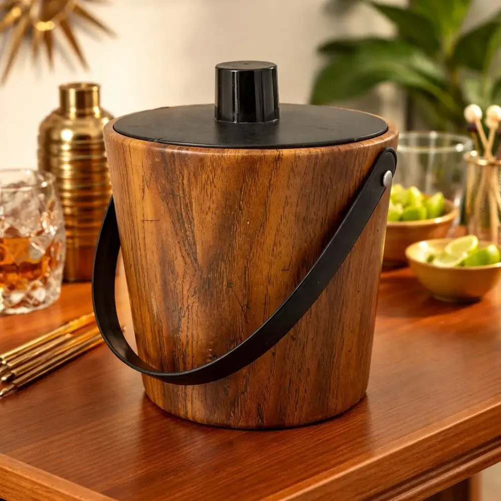 Vintage 60s Ice Bucket Faux Wood Irvinware MCM Barware USA Insulated